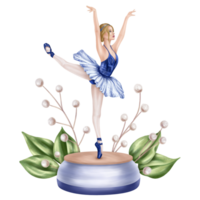 A prima ballerina dancing on a pedestal in an elegant blue tutu and pointe shoes. A girl on tiptoe. A performance in the theater, a music box with a statuette. Isolated digital illustration. png