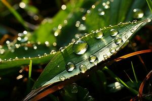 Glittering morning dew, sunlight-kissed grass, natures beauty AI Generated photo