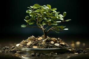 Business finance nurtured by nature, money growth like a tree in soil AI Generated photo