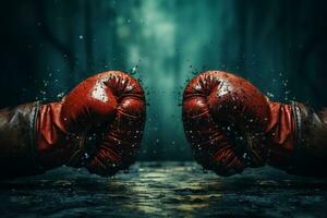 lleno de acción boxeo guantes versus, intenso póster ai generado foto