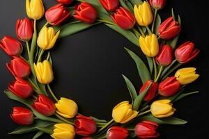 Top-view flat lay, red tulip wreath on bright yellow, perfect for greetings AI Generated photo