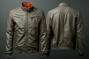 Grey background, front and back view of blank leather jacket AI Generated photo