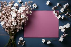 Gypsophila on blue table, wedding mockup, paper list, flat lay AI Generated photo