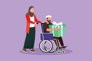 personaje plano dibujo árabe hembra y discapacitado masculino en silla de ruedas. mujer compras y dar regalo caja a hombre. invalidez rehabilitación, inválido personas asistencia. dibujos animados diseño vector ilustración