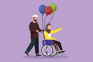 Cartoon flat style drawing disability people. Arab man carries disabled woman in wheelchair. Accessibility, rehabilitation invalid person activities responsibility. Graphic design vector illustration