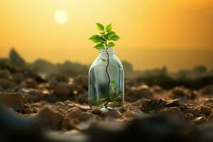 Climate change concept, A green tree amidst plastic bottle and parched soil AI Generated photo