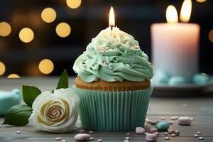 Tempting birthday delight Cupcake, blue candle, heart, cream cheese frosting, crowned with greens AI Generated photo