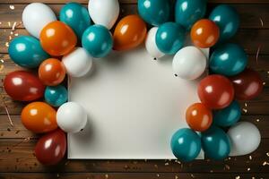 Top view party setup, colorful balloons, white frame, blue wooden table AI Generated photo