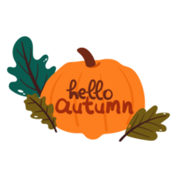 hand drawing cartoon pumpkin with autumn leaves. cute fall autumn decor element sticker. design for card, print png
