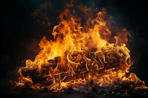 llamas de fuego en un negro antecedentes ai generado foto