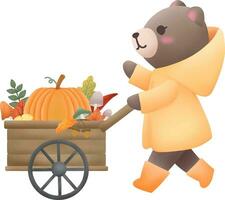 Cute bear pushing a wooden cart vector