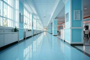 abstractamente borroso lujo hospital corredor, evocando un sereno cuidado de la salud ambiente ai generado foto