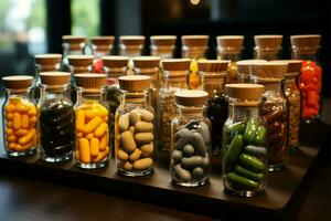 Jars filled with health boosting capsules and tablets, a natural supplement collection AI Generated photo