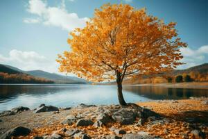 un asombroso ver otoño árbol hojas, cielo como el pintoresco antecedentes ai generado foto