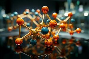 3d molécula modelo en un científico configuración, un cautivador Ciencias antecedentes ai generado foto