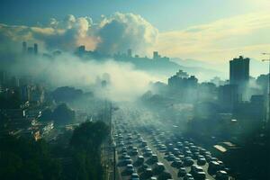 Haze of pollution in summer city, a global warming concept AI Generated photo