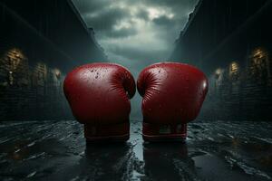 Dramatic boxing gloves poster, text room on sides AI Generated photo