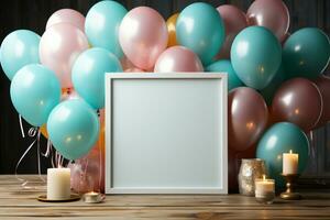 Festive mockup, colorful balloons, white frame, blue wooden table AI Generated photo