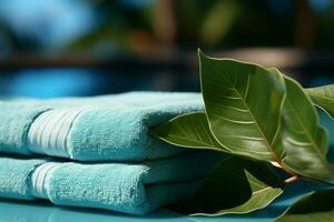 Serene spa setting with leaf and towel on blue AI Generated photo