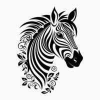 A black and white image of a zebra's head with leaves and swirls around it. Minimalist, isolated vector illustration for logo, icon, stencil, t-shirt design.