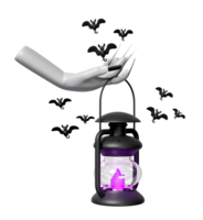 3d halloween holiday party with zombie hand holding storm lantern, bats isolated. 3d render illustration png