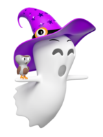 3d halloween dag concept met schattig geest vliegen, heks hoed, uil geïsoleerd. vakantie partij, 3d geven illustratie png