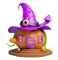 3d halloween holiday party with pumpkin house, witch hat, carved pumpkin on the stairs, wand  isolated. 3d render illustration png