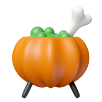 3d halloween holiday party with magic cauldron pumpkin, skeleton isolated.  3d render illustration png