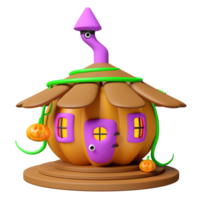 3d halloween holiday party with pumpkin house, carved pumpkin on the stairs isolated. 3d render illustration png