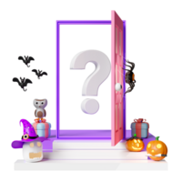 3d halloween holiday party with question mark symbol, carved pumpkin, skull, witch hat, gift box placed on the stairs, spider and spider web on open door, bats, cute owl, 3d render illustration png