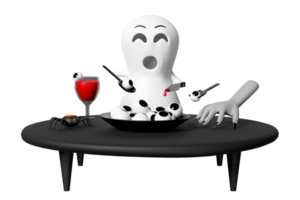 3d Lycklig halloween fest med söt spöke innehav en blodig kniv vinglas, cocktail ögon, zombie hand isolerat. 3d framställa illustration png