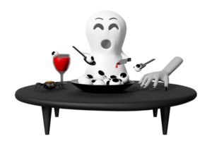 3d gelukkig halloween partij met schattig geest Holding een bloederig mes wijnglas, cocktail ogen, zombie hand- geïsoleerd. 3d geven illustratie png