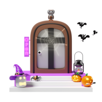 3d halloween holiday party with carved pumpkin, skull, gift box placed on the stairs, spider and spider web on old door,label open, bats, cute owl, storm lantern isolated. 3d render illustration png