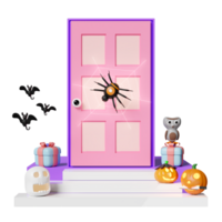 3d halloween holiday party with carved pumpkin, skull, gift box placed on the stairs, spider and spider web on door, bats, cute owl isolated. 3d render illustration png
