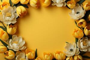 Hello Spring Tulip wreath on yellow, top-view greeting card composition AI Generated photo