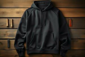 Black sweatshirt mockup, 3D rendering, back view, design presentation AI Generated photo