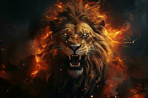 Abstract, artistic lion portrait Fire flames fur, black background Big adult lion with rich mane AI Generated photo