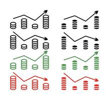 mercado crecimiento análisis icono colocar, línea diseño con minimalista moneda y flecha símbolo. negocio concepto vector