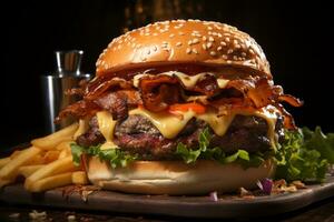 gastrónomo deleitar, Cerdo hamburguesa adornado con queso, tocino, y papas fritas ai generado foto