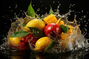 Artistic still life, juicy mango in splash, a burst of colors AI Generated photo