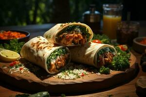 Mouthwatering chicken wrap, herbs and spices, an al fresco lunch AI Generated photo