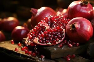 Exquisite pomegranate gems rest on a rustic wooden forest floor AI Generated photo