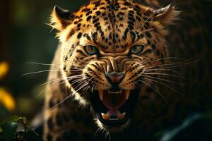 Majestic predator, a close-up portrait of an angry leopard in wilderness AI Generated photo