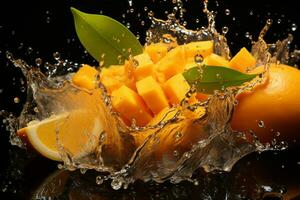 Refreshing treat, mango in splash, quenching thirst on a scorching day AI Generated photo