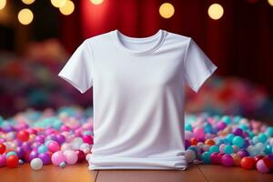 Mockup, woman in white t-shirt Close-up, vibrant color background AI Generated photo