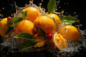 Exotic fruit indulgence, mango in splash, a culinary delight unveiled AI Generated photo