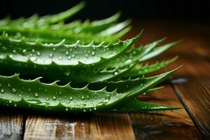 Aloe vera elements on wooden background AI Generated photo