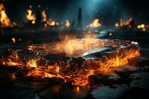Ember-lit tabletop, Orange fire, sparks on empty concrete in dark room AI Generated photo