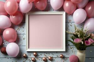 Top view birthday mockup, frame, pastel balloons, confetti, flat lay AI Generated photo