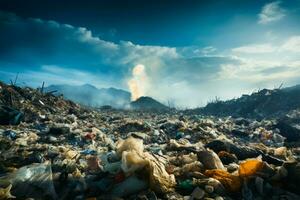 Garbage pile symbolizes household waste and the global pollution crisis AI Generated photo